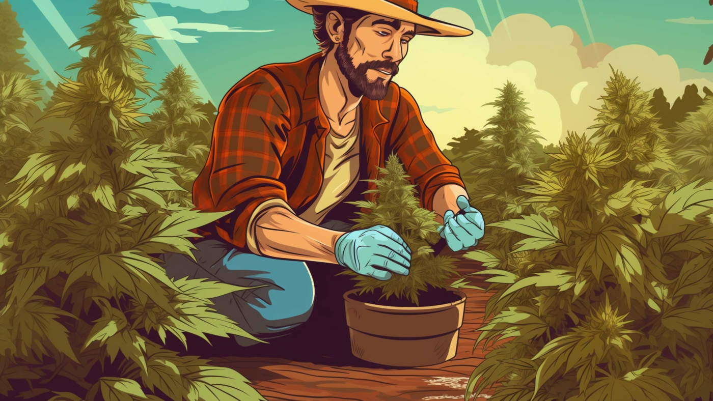 Indacloud. Image Of Cannabis Farmer Picking Cannabis Retro Comi A6464D4F 60D5 4782 A7C0 1D9970Deed96